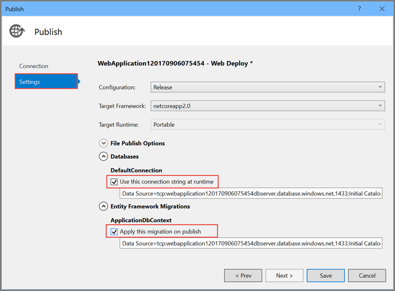 Publish dialog: Settings panel